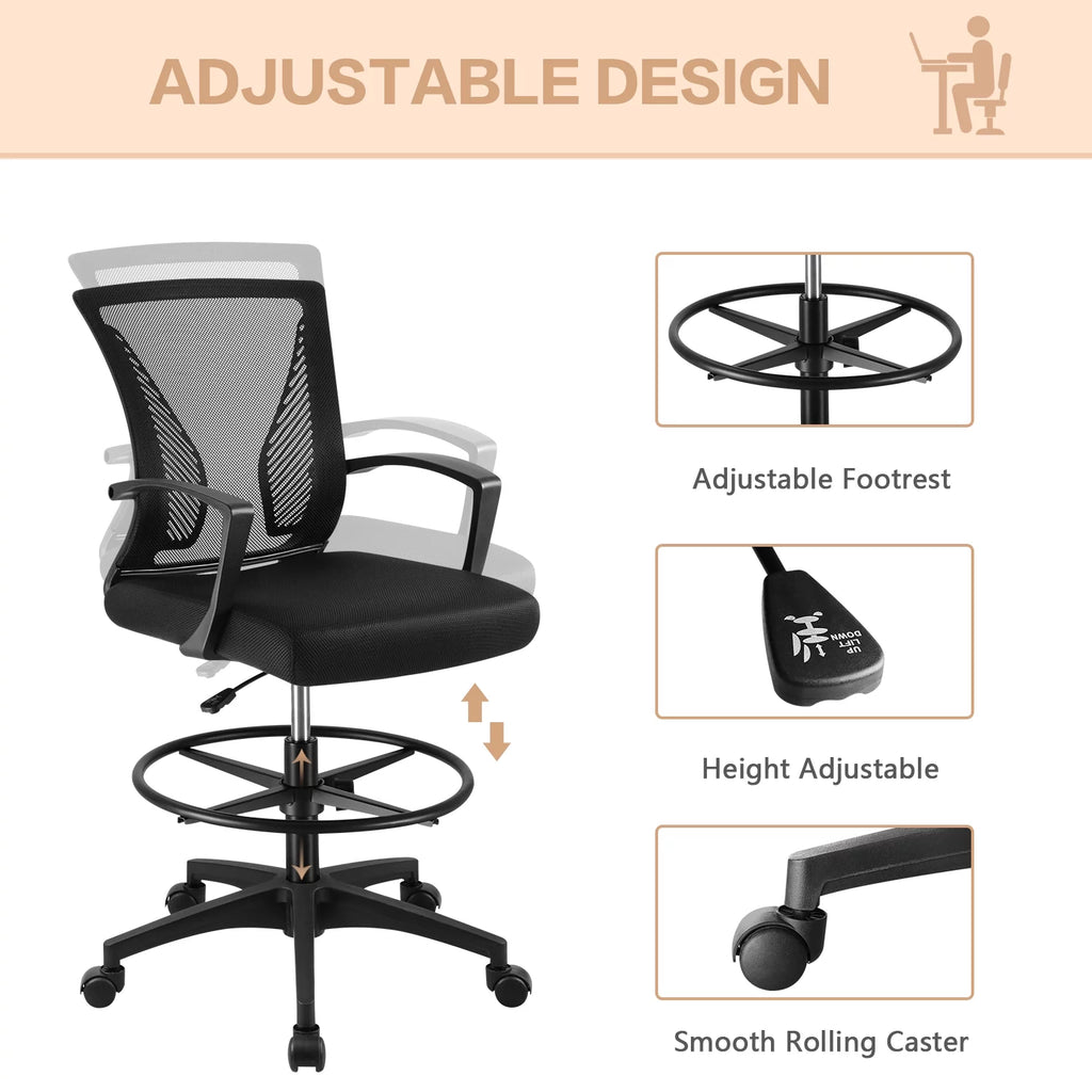 Adjustable Height Drafting Chair with Armrest and Foot Ring, Black J709696