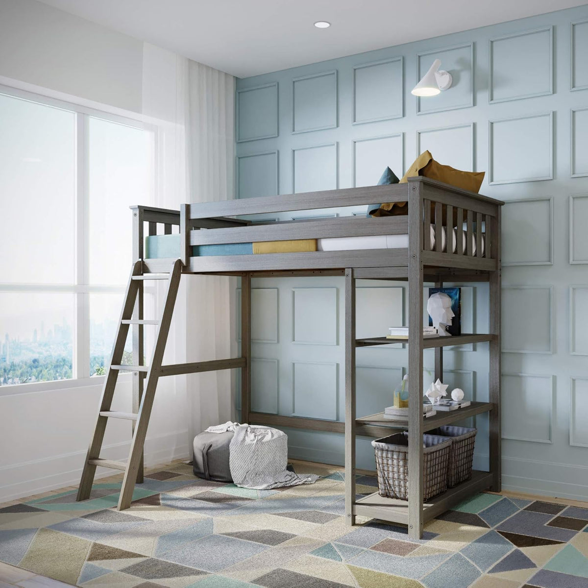 White Solid Wood Twin-Size High Loft Bed with Bookcase and Desk Z659