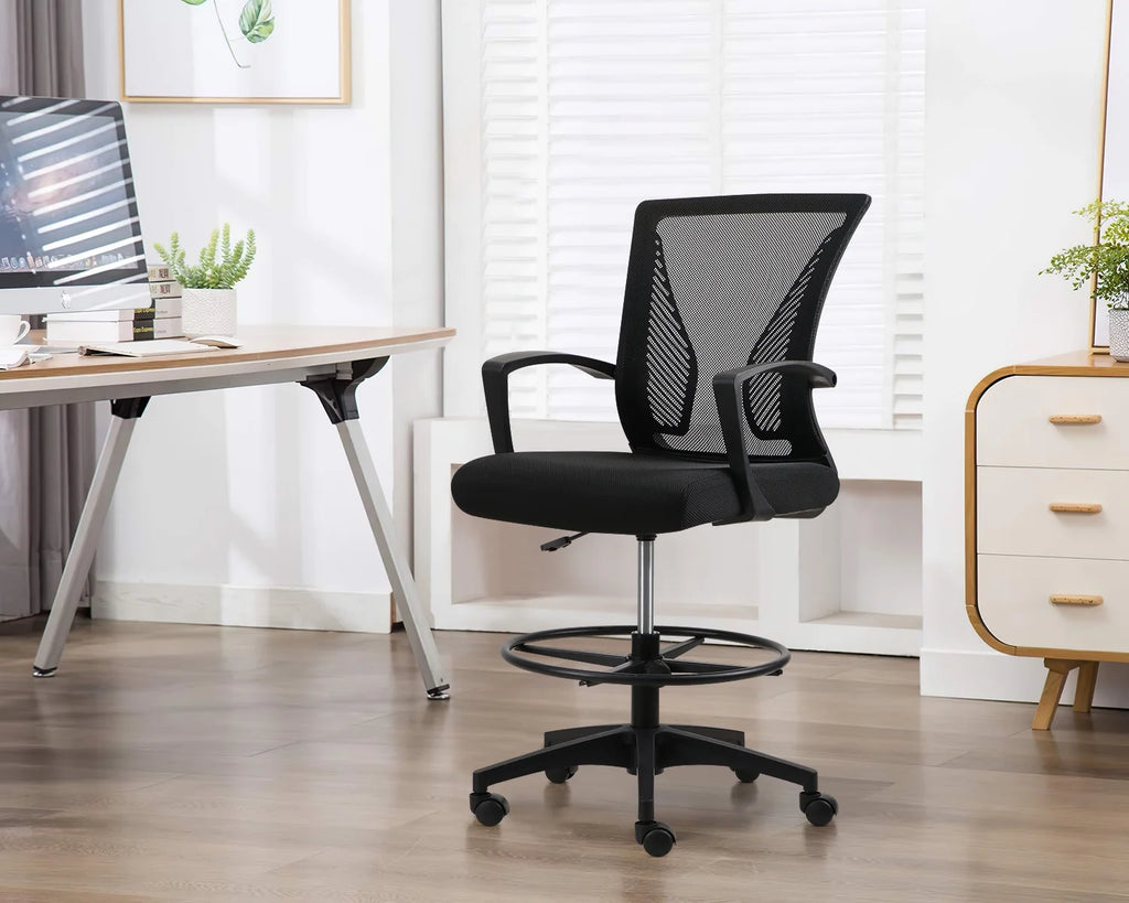 Adjustable Height Drafting Chair with Armrest and Foot Ring, Black J709696
