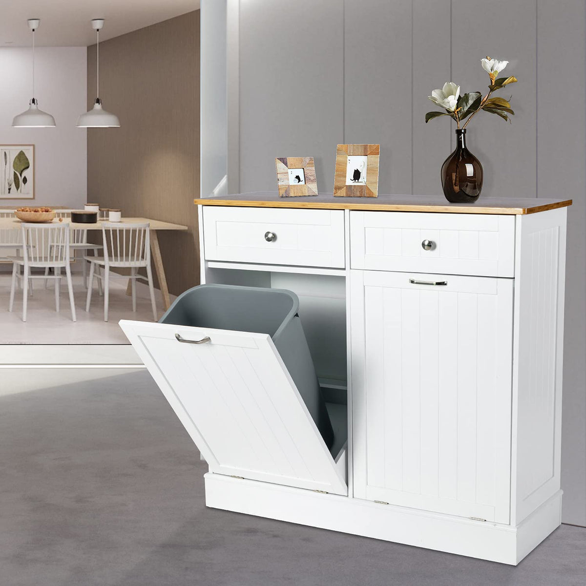 Double Tilt Out Kitchen Trash Cabinet with Two Wood Drawers U9480